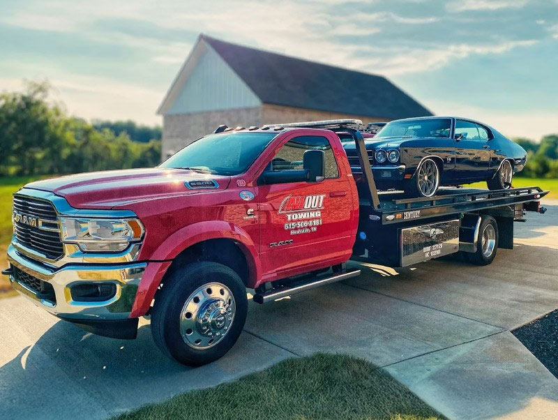 Classic Car On Flatbed Tow Truck In Nashville Luxury Car Towing All Out Towing 